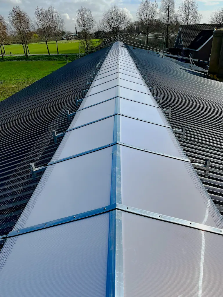 Roof installed with light ridge photographed from the roof
